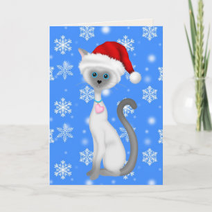 Kute White Cat, Santa Hat en Snowflakes Kerstmis Feestdagen Kaart