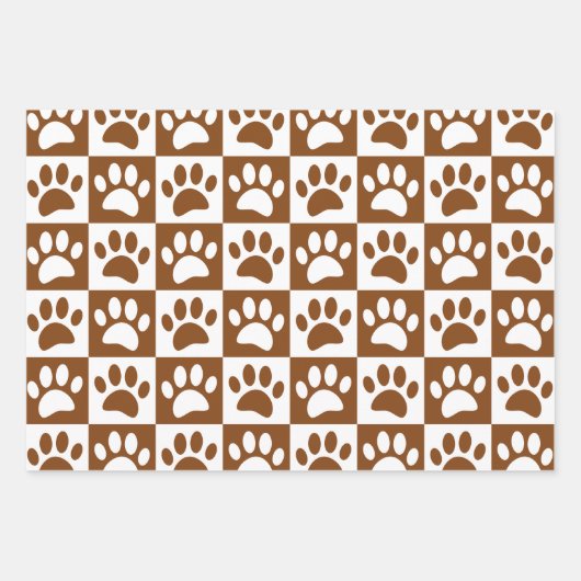 Kute White en Brown Paw Print Checkerboard Inpakpapier Vel (Voorkant 3)