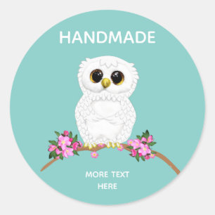 Kute White Owl on Light Blauwgroen Handmade Ronde Sticker