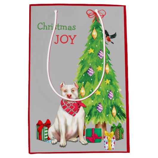 Kute White Pit Bull en kerstboom Medium Cadeauzakje (Voorkant)