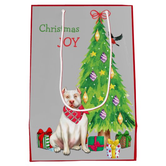 Kute White Pit Bull en kerstboom Medium Cadeauzakje (Achterkant)