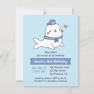Kute White Seal Sailor Kids Birthday Party Kaart
