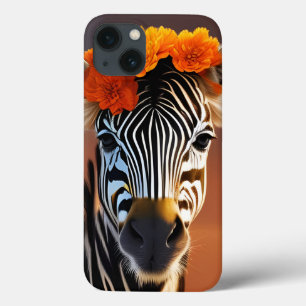 Kute Zebra met Oranje bloemen iPhone 13 Hoesje
