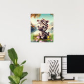 Kute Zebra nabij een vijver met bloemen en vogelku Poster (Thuiskantoor)