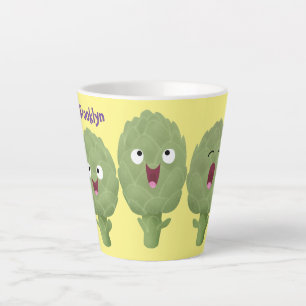 Kute zingende artisjokken plantaardige cartoon latte mok