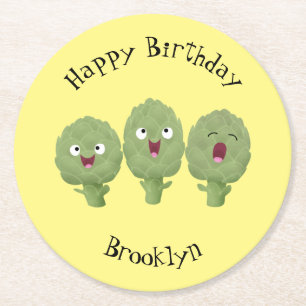 Kute zingende artisjokken plantaardige cartoon ronde kartonnen onderzetter