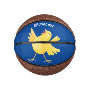 Kute zingende gele cartoon kanarie vogel basketbal