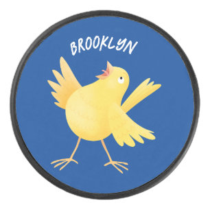Kute zingende gele cartoon kanarie vogel hockey puck
