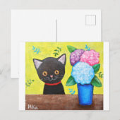 Kute zwarte kat met bloemen, kattekletsnat briefkaart (Voorkant / Achterkant)