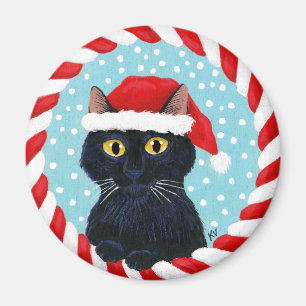 Kute zwarte kat, Santa hat, kerstwintersneeuw Magneet