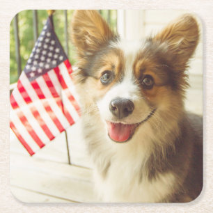 Kutest Baby Animals Amerikaanse vlag Corgi Vierkante Kartonnen Onderzetter