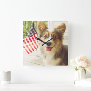 Kutest Baby Animals   Amerikaanse vlag Corgi Vierkante Klok