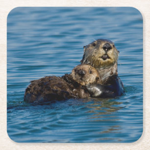 Kutest Baby Animals Moeder en Baby Otter Vierkante Kartonnen Onderzetter