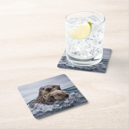 Kutest Baby Animals | Otter Baby en moeder Vierkante Kartonnen Onderzetter (Insitu)