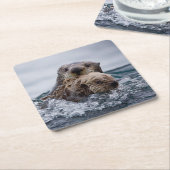 Kutest Baby Animals | Otter Baby en moeder Vierkante Kartonnen Onderzetter (Schuin)