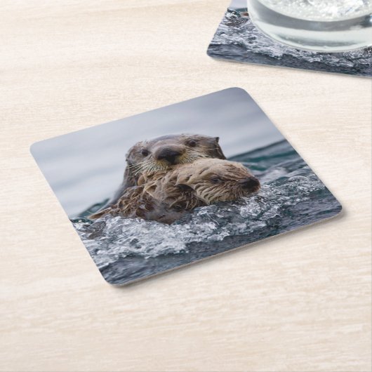 Kutest Baby Animals | Otter Baby en moeder Vierkante Kartonnen Onderzetter (Schuin)