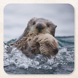 Kutest Baby Animals Otter Baby en moeder Vierkante Kartonnen Onderzetter
