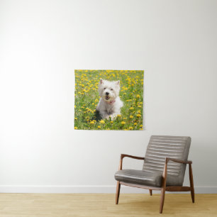 Kutest Baby Animals Westie Dog in Dandelions Wandkleed
