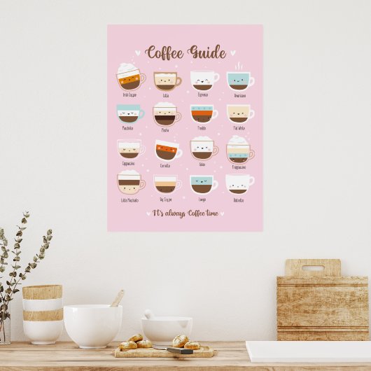 Kutkopjes koffie op lichtroze poster (Keuken)