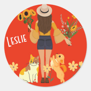 Kutmeisje met zonnebloemen Kat en hond Ronde Sticker