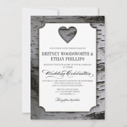Kutout Heart Birch Tree Bark Wedding Invitations Kaart (Voorkant)