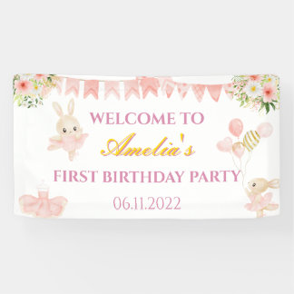 Kutroze en gouden ballerina verjaardagsbanner spandoek