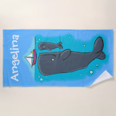 Kutvriendelijke walvissen met cartoon van zeilboot strandlaken (Voorkant)