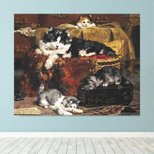 kutzwart en witte kat met Kittens Canvas Afdruk (Insitu (Houten vloer))