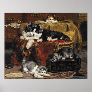 kutzwart en witte kat met Kittens Poster