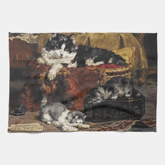 kutzwart en witte kat met Kittens Theedoek (Horizontaal)