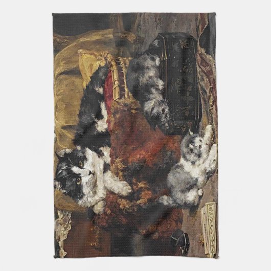 kutzwart en witte kat met Kittens Theedoek (Verticaal)