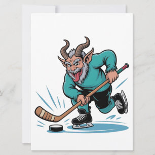 Kwaadaardige Krampus die ijshockey speelt Kerstspo Feestdagenkaart