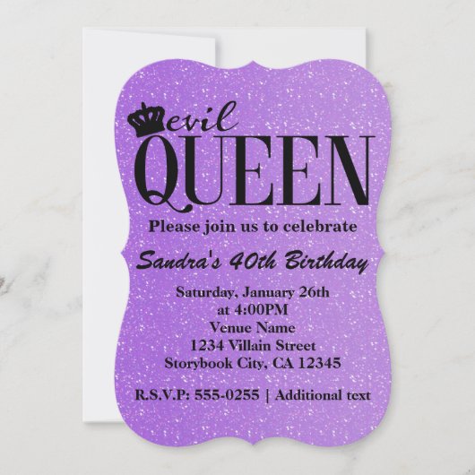 KWADDE KONINGIN Paarse Glitter Glam Uitnodiging vo (Voorkant)