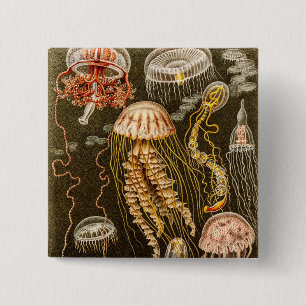 kwal Antiek Jelly Fish Sjabloon Vierkante Button 5,1 Cm