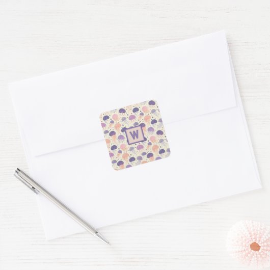 kwal Schattigee pastel Paarse en Oranje monogram; Vierkante Sticker (Envelop)