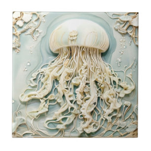 Kwallen Art Nouveau Faux Relief Mint Cream Wit Tegeltje