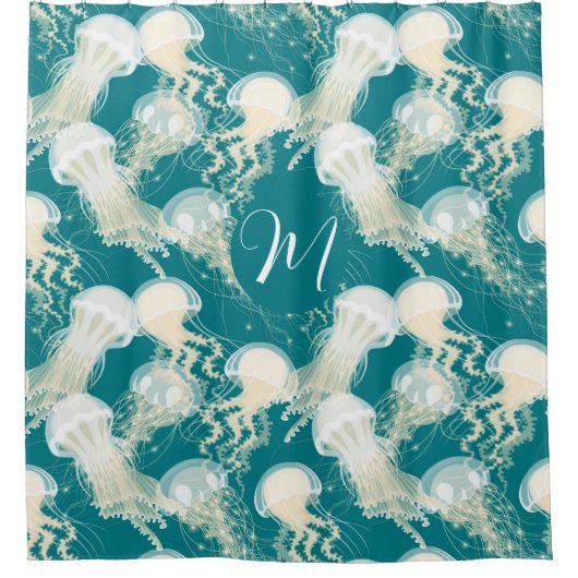 Kwallen in blauwe oceaan Zomerseizoen Monogram Douchegordijn (Voorkant)