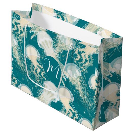 Kwallen in blauwe oceaan Zomerseizoen Monogram Groot Cadeauzakje (Voorkant Gekanteld)