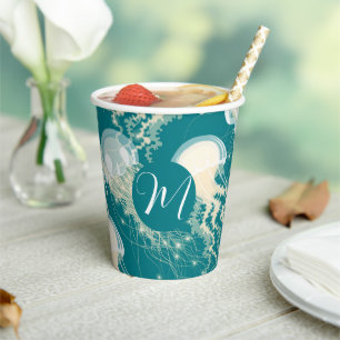 Kwallen in blauwe oceaan Zomerseizoen Monogram Papieren Bekers