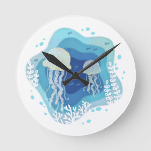 Kwallen in Ocean Paper Art Illustratie Ronde Klok