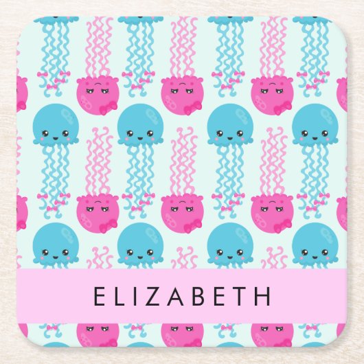 Kwallen Patroon, Leuke kwal, Zee, Jouw naam Vierkante Kartonnen Onderzetter (Voorkant)
