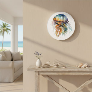 Kwallen van Rainbow Tides: Watercolor Kunst Grote Klok