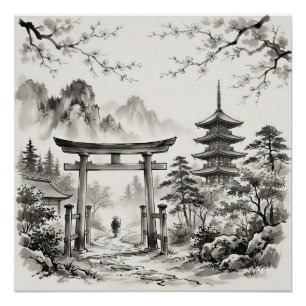 Kyoto Japan Landschap in Oost-Indische inkt Perfect Poster