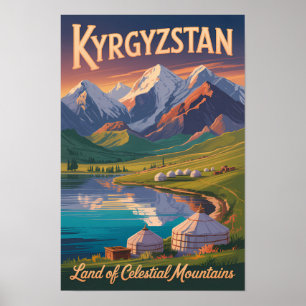 Kyrgyzstan bergen illustratie reis kunst Vinta Poster
