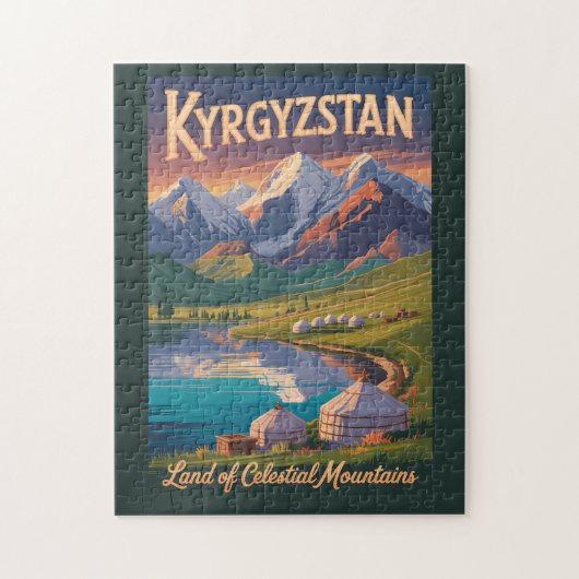 Kyrgyzstan Mountains Illustration Travel Art Vinta Legpuzzel (Verticaal)