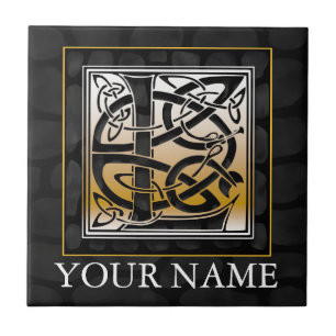 L "Jouw naam" Celtic Black Stone Monogram Tile Tegeltje
