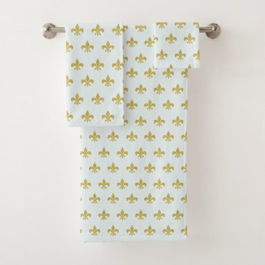 L@@K! -  Aqua Gold Fleur de Lis Pattern Bad Handdoek (Insitu)