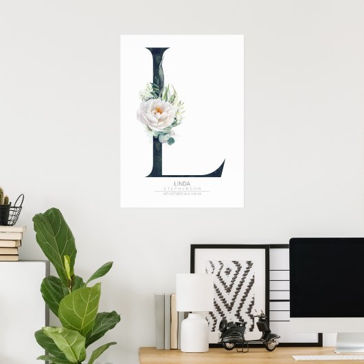 L Letter Monogram Witte Bloemen en Groene Planten Poster (Thuiskantoor)
