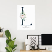 L Letter Monogram Witte Bloemen en Groene Tinten Poster (Thuiskantoor)