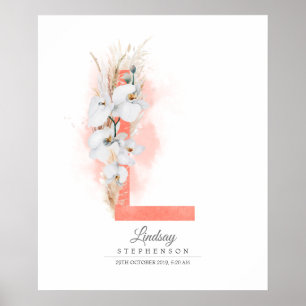 L Letter Monogram Witte Orchideeën en Pampagras Poster